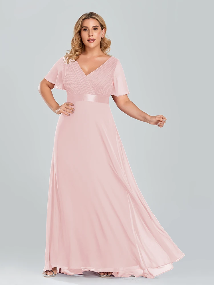 Plus Size Evening Dresses Long XUCTHHC Elegant A Line V Neck Ruffles Chiffon Formal Wedding Party Dress Robe De Soiree 2021