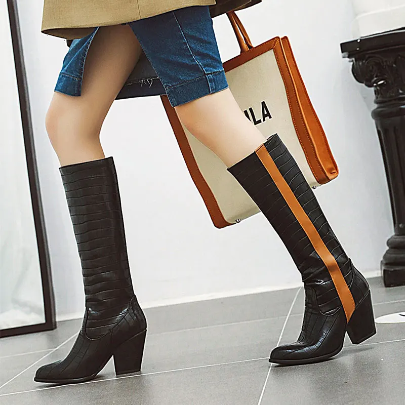 Черный Lasyarrow/большие размеры; модные ковбойские женские ботинки на высоком блочном каблуке в западном стиле; высокие сапоги В рыцарском стиле; цвет желтый, синий, черный; зимняя женская обувь - Цвет: Черный