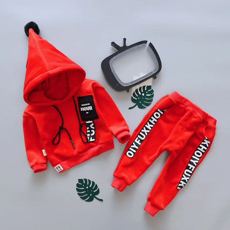 Комплекты одежды для маленьких мальчиков, зимний теплый спортивный костюм для девочек, модные Бархатные Теплые Топы+ штаны, детский спортивный костюм из 2 предметов для 1-4 лет - Цвет: red3