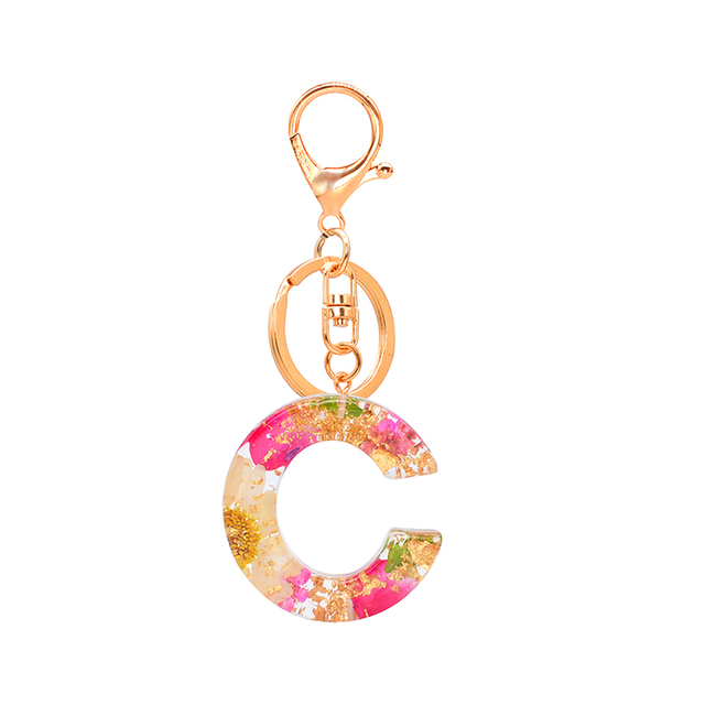 Dried Flower Letter Keychain Creative Colorful 26 English Letter Initial Resin Handbag Keyring Accessories For Women