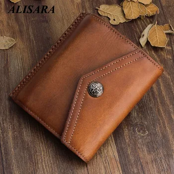

Alisara Men Short Wallets Cowhide Leather Luxury Handmade Retro Locomotive Man Bifold Clutch Purses Hasp Vintage Male Wallet