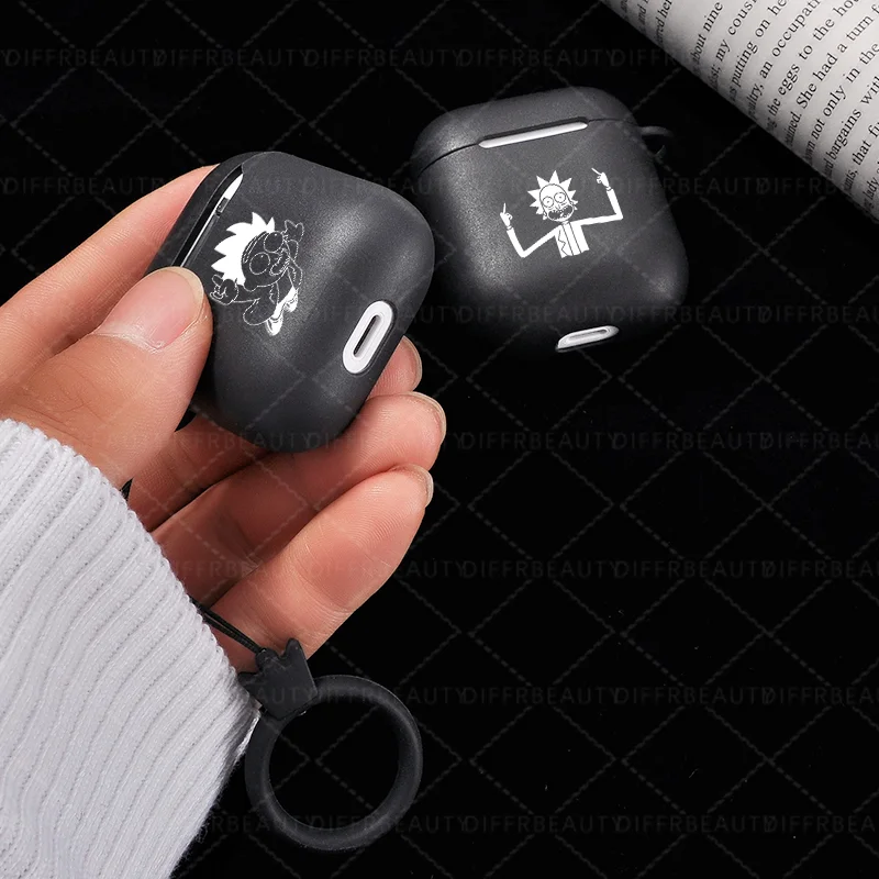 Милый чехол для Apple air pods, чехол с рисунком Рика Морти, чехол для наушников Airpods 1 2, черный мягкий чехол с кольцом