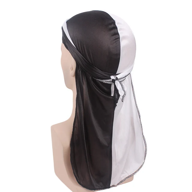 Men's Silky Durags Bandanas Turban hat Wigs Doo Men Satin Durag Biker Headwear Headband Hair Accessories Extra Long Tail Du-Rag Adult Black white