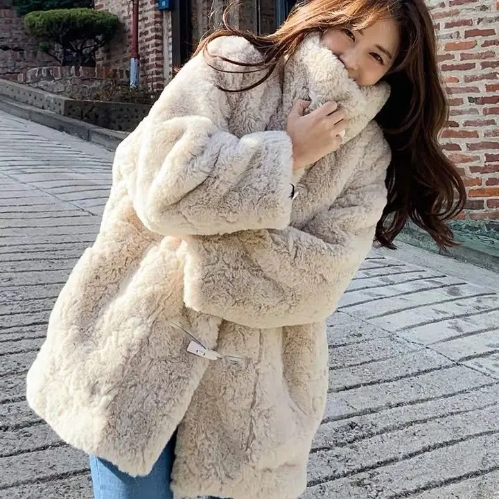2020 Women Winter Outerwear Furry Faux Rex Rabbit Fur Coat Lady Stand Long Sleeve Fake Jacket Fourrure Abrigos Mujer A256 | Женская
