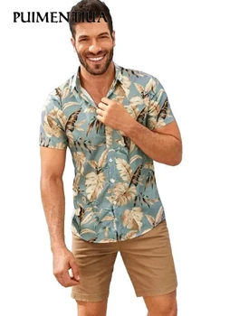 

Puimentiua Summer Short Sleeve Men Casual Shirt Floral Printed Lapel Neck Button Chemise Basic Hawaiian Shirts Men Beach Wear