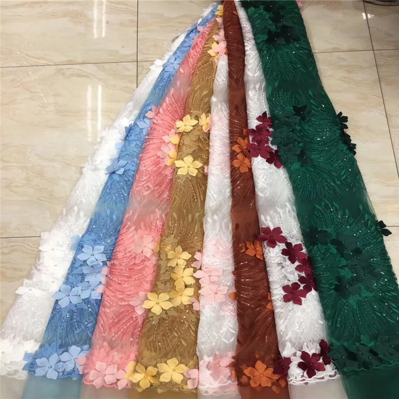 green Beaded 3D Flower Tulle Lace Fabric African 2019 High Quality sequins Nigerian Fabrics for Wedding | Дом и сад