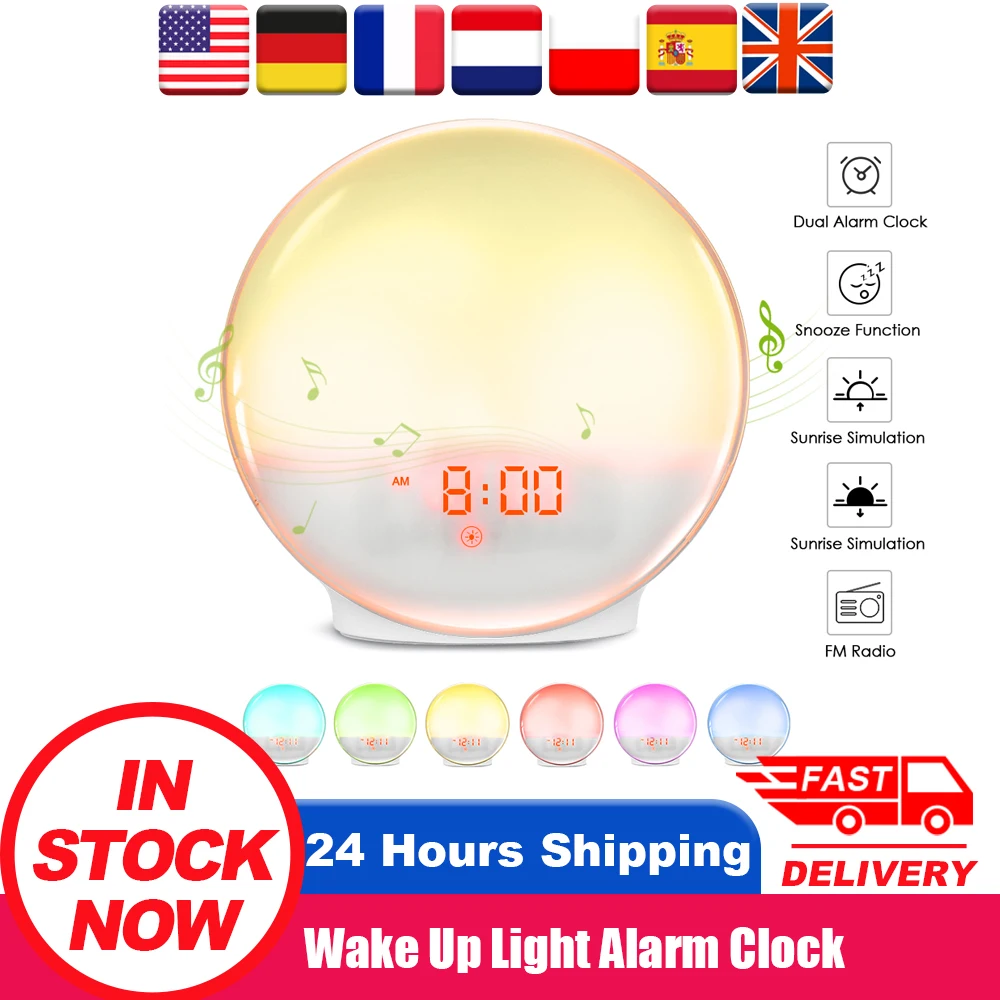 Wake Up Light,Horloge Num/érique Avec Radio Fm R/éveil Lumineux R/éveil Lumineux 6 Sons De La Nature Snooze Function Touch Control