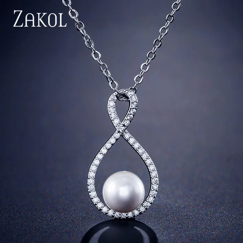 White Color ZAKOL элегантные AAA циркон Lucky 8-shape форме, благодаря чему создается ощущение невесомости с камнями в форме капли воды Цепочки и ожерелья для Для женщин для свадьбы или праздничного обеда для вечеринки, дня рождения, подарок, ювелирное изделие FSNP2098 - Окраска металла: White Color