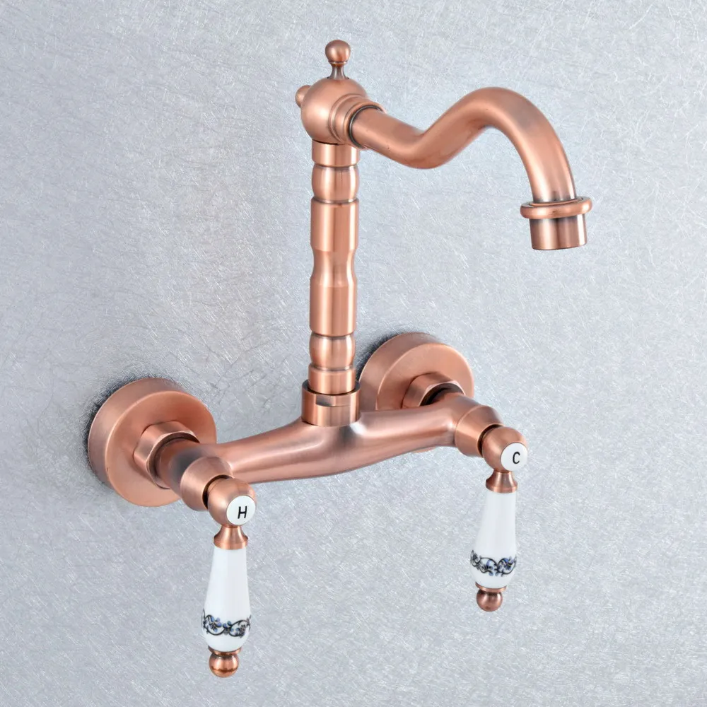 

Antique Red Copper Wall Mount Kitchen Sink Faucet Swivel Spout Mixer Tap Dual Ceramics Handles Levers asf905