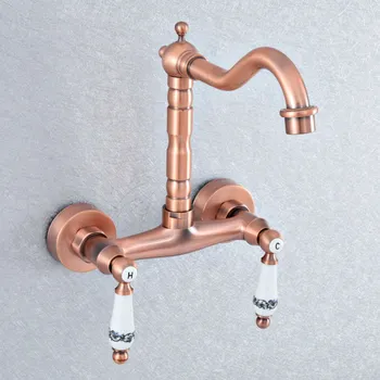 

Antique Red Copper Wall Mount Kitchen Sink Faucet Swivel Spout Mixer Tap Dual Ceramics Handles Levers asf905
