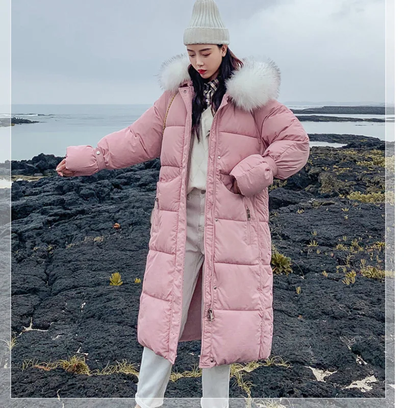 Зимние женские пальто, одноцветные длинные пуховые куртки, шикарное теплое пальто с меховым капюшоном, повседневная одежда с манжетами - Цвет: Pink