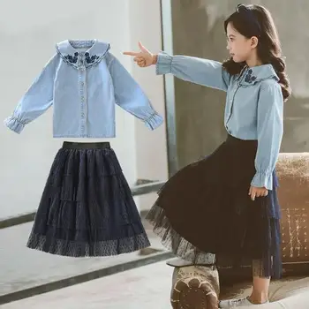 

Girls Spring Outfits Children Clothing Set Cowboy Shirt+Gauze Skirt Fashion Long-sleeved Teen Kids Girl Clothes Suit 4 -15 Y