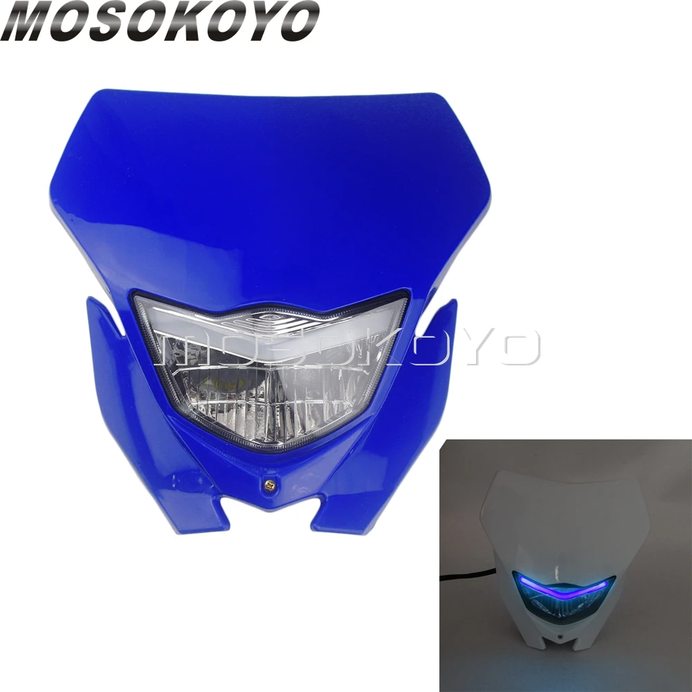 Черный H4 мотокросса передняя фара обтекаемой формы для Yamaha WRF CRF SMR XC WR Kawasaki d-трекер KLX250 S/SF Supermoto MX прочная фара - Цвет: LED Blue
