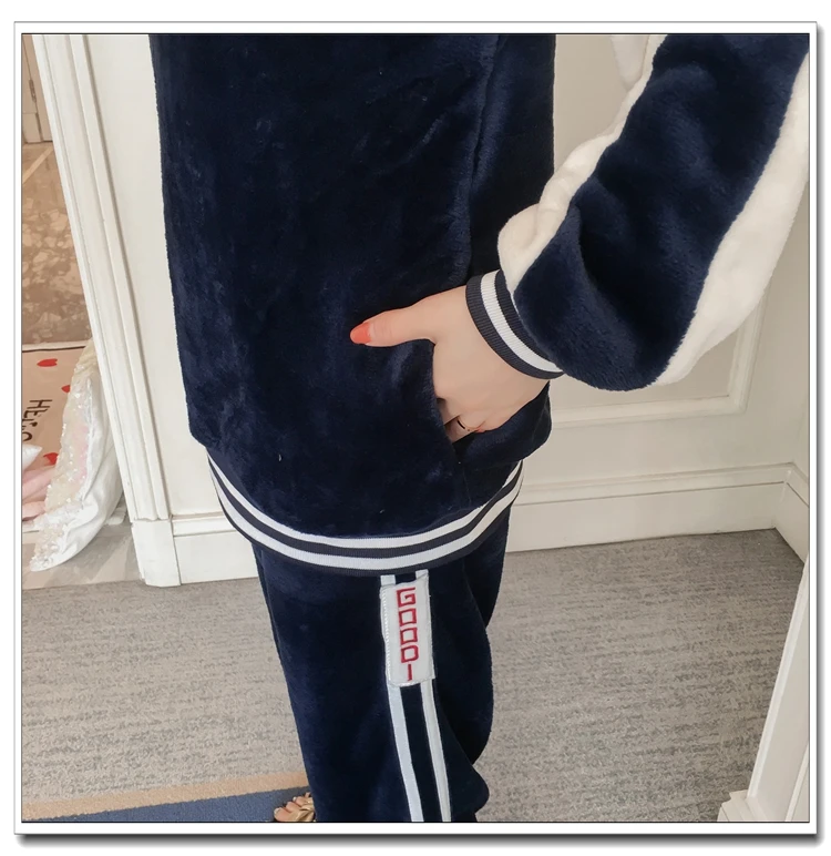 Casual Striped Thick Warm Flannel Pajamas Sets For Women Winter Long Sleeve Coral Velvet Pyjama Sleepwear Homewear Clothing