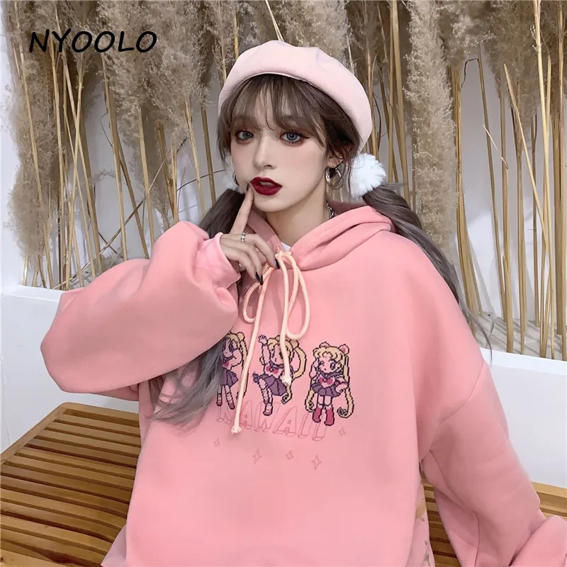 NYOOLO Harajuku kawaii Сейлор Мун крыло печати Свободные теплые толстовки осень зима пуловер с капюшоном плюс бархат толстовка женские топы