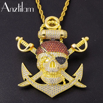 

HIP HOP Gold Color Skull Pirate Pendant With Bling Iced Out AAA+ Stone Necklaces Long Rope Chain Jewelry For Men