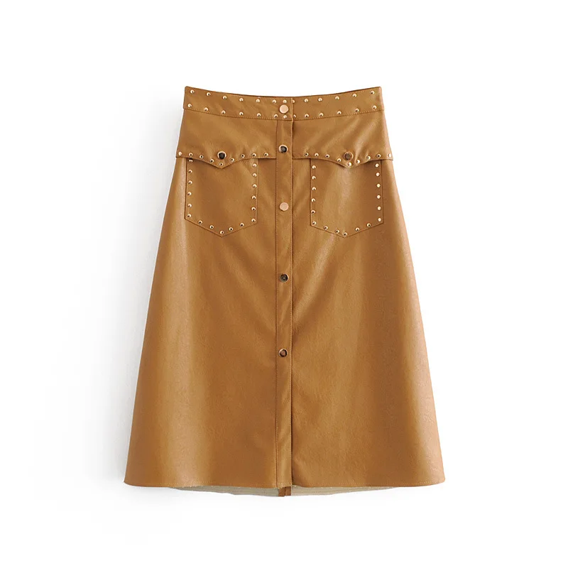 

C2712-871g WOMEN'S Dress Retro Solid Color High-waisted Rivet with Imitation Leather PU Leather A- line Half-length Medium-lengt
