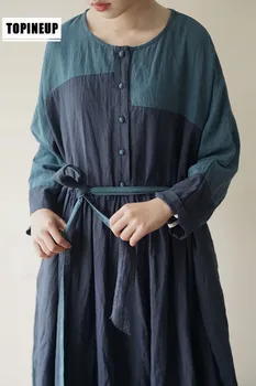 

Muslim women large size loose long dress robe vintage contrast color cotton and linen button down women's dresses with belt