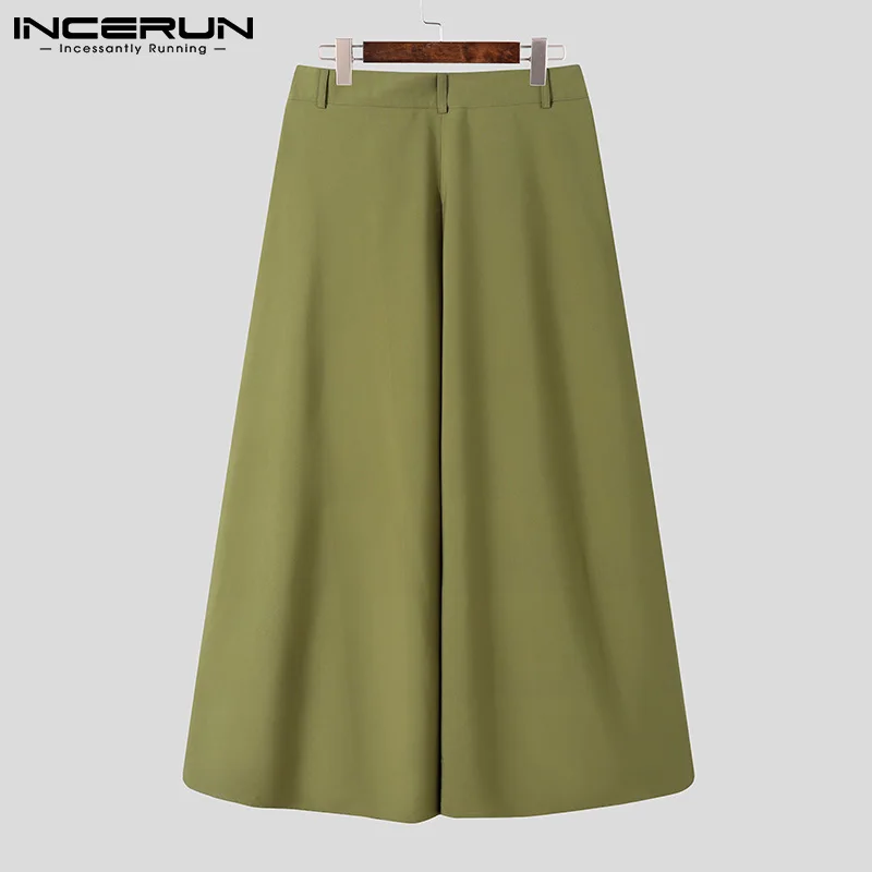 INCERUN Men Casual Skirts Pants Zipper Solid Color Pleated Streetwear Loose Men Bottoms 2023 Fashion Leisure Long Skirts S-5XL