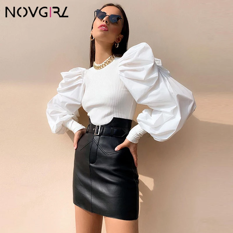 Novgirl 2019 модные Сатиновые Трикотажные сексуальные футболки с пышными рукавами в