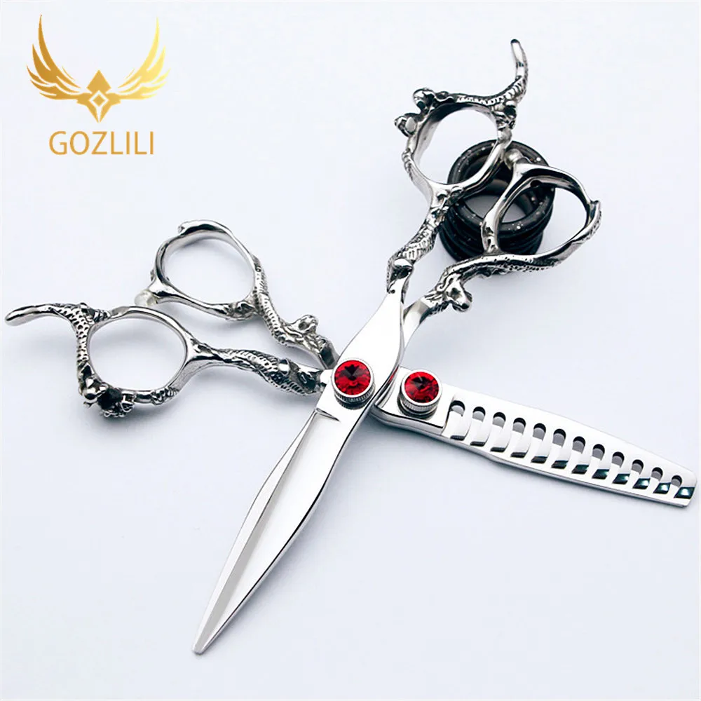 GOZLILI High Quality Professional 6 Inch Japan 440C Dragon Hair Scissors Tools Cutting Scissor Barber Thinning Shears Scissors (4)