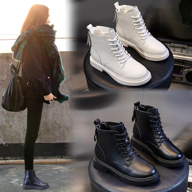 

Yiluan Winter 2020 new Motorcycle boots women's with Short Plush boots woman Leather zipper boots Warm Platform shoes