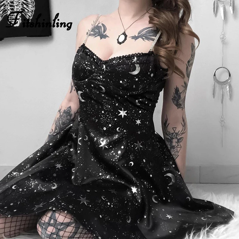

Fitshinling Galaxy Print Gothic Dresses Women Chain Spaghetti Strap Black Sukienki Sexy Slim Goth Dark Short Dress Femme 2019