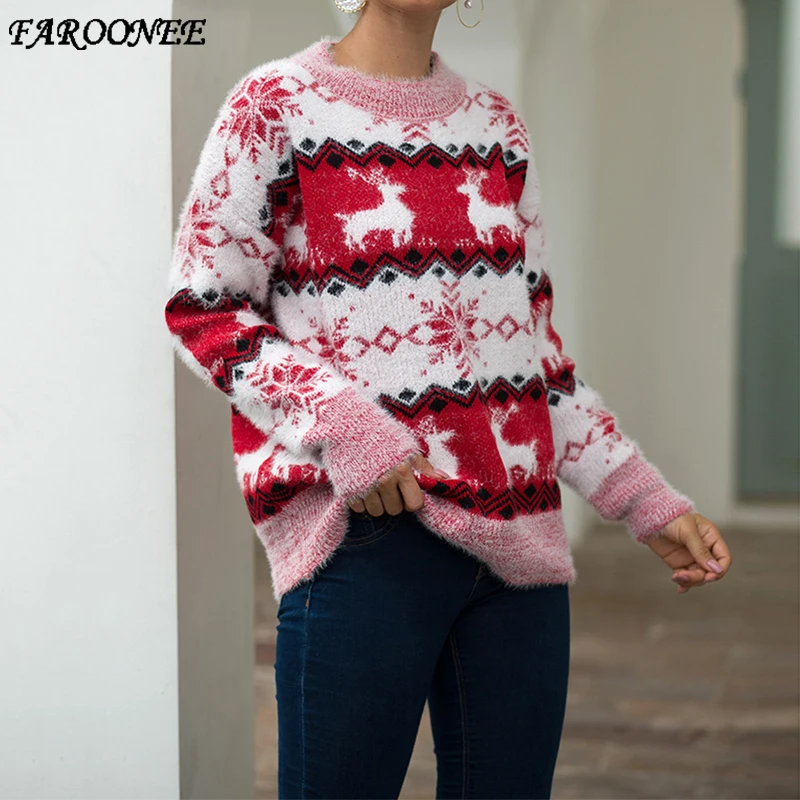 

Faroonee 2020 Christmas Style Sweater For Women Knitted Sweater O-Neck Elk Snow Pattren Red Color Fluff Casual Pullover Winter