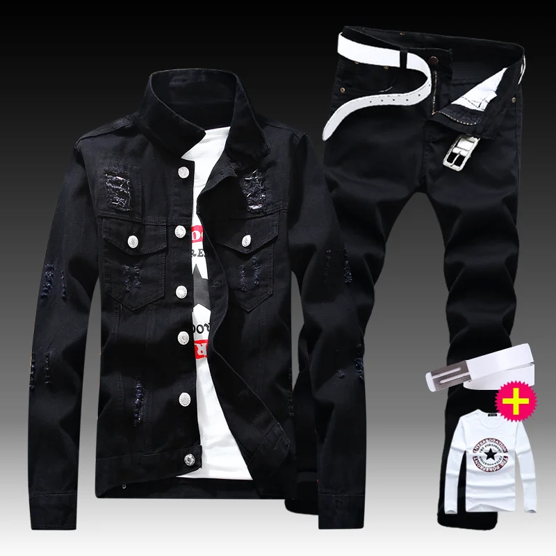 New Men's Denim Jacket Pants 2pcs Set Single Breasted Holes Casual Coat Trousers Slim Fit Cool Boys Jackets