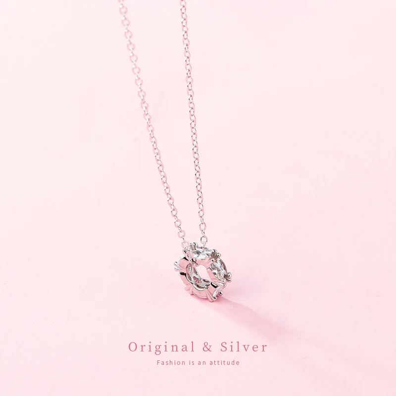 

S925 Pure Silver Zircon Necklace Woman Concise Zirconium Pendant Short A All-match Clavicle Chain