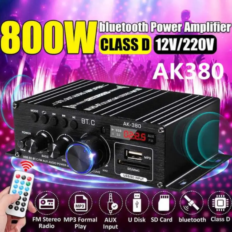 Ak380 800W 12V Power Amplifier bluetooth-compatible 5.0 Stereo Home Car BASS Audio Amp Music Player bluetooth Car Speaker Class tube amp