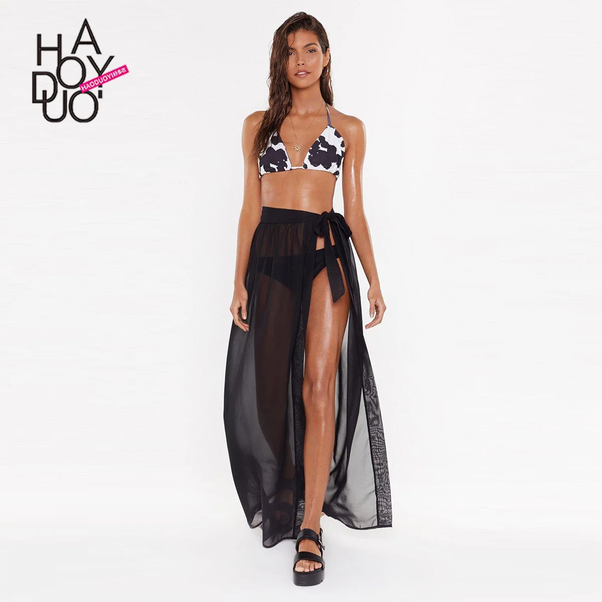 

Europe And America Sexy Beach-Style High-waisted Slit-Lace-up Transparent Bikini Overskirt