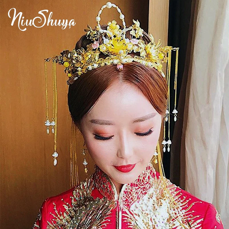 

NiuShuya Traditional Chinese Hair Accessories Style Vintage Chinese Headdress Headpiece Gold Chinese Hair Jewellery Bridal Crown
