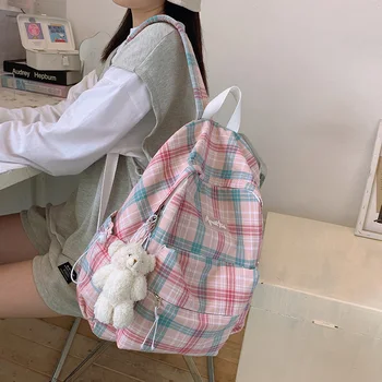 

Cotton Plaid Backpack Women Cute School Bags for Girls Korean Harajuku School Backpacks Woman Student Japanese Kawaii Bookbag