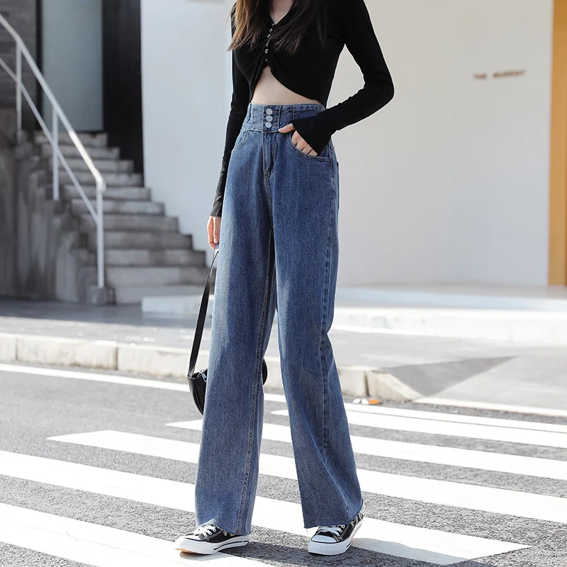 

High Quality Long Wide Leg Pants Girl Spring 2021 Blue Summer Straight Loose High Waist Kop Jeans for Women Denim Trousers Korea