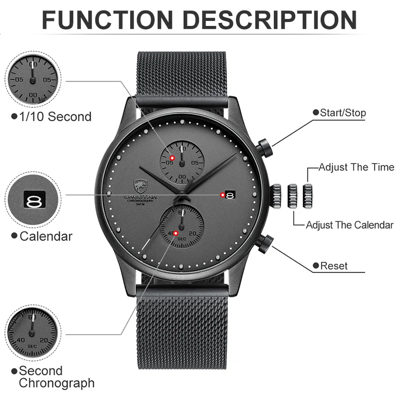 New Cheetah Brand Men Watches Chronograph Quartz Watch Men Stainless Steel Waterproof Sports Clock-3