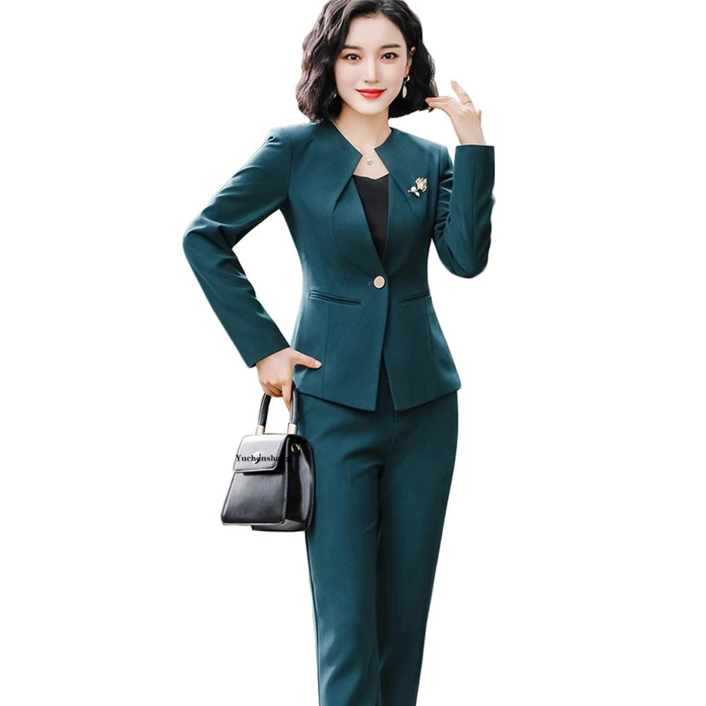 Traje de pantalón de trabajo elegante para mujer 2020 nueva Otoño Invierno Verde Negro de 2 un cuello redondo Blazer chaqueta y pantalón|Trajes de pantalón| - AliExpress