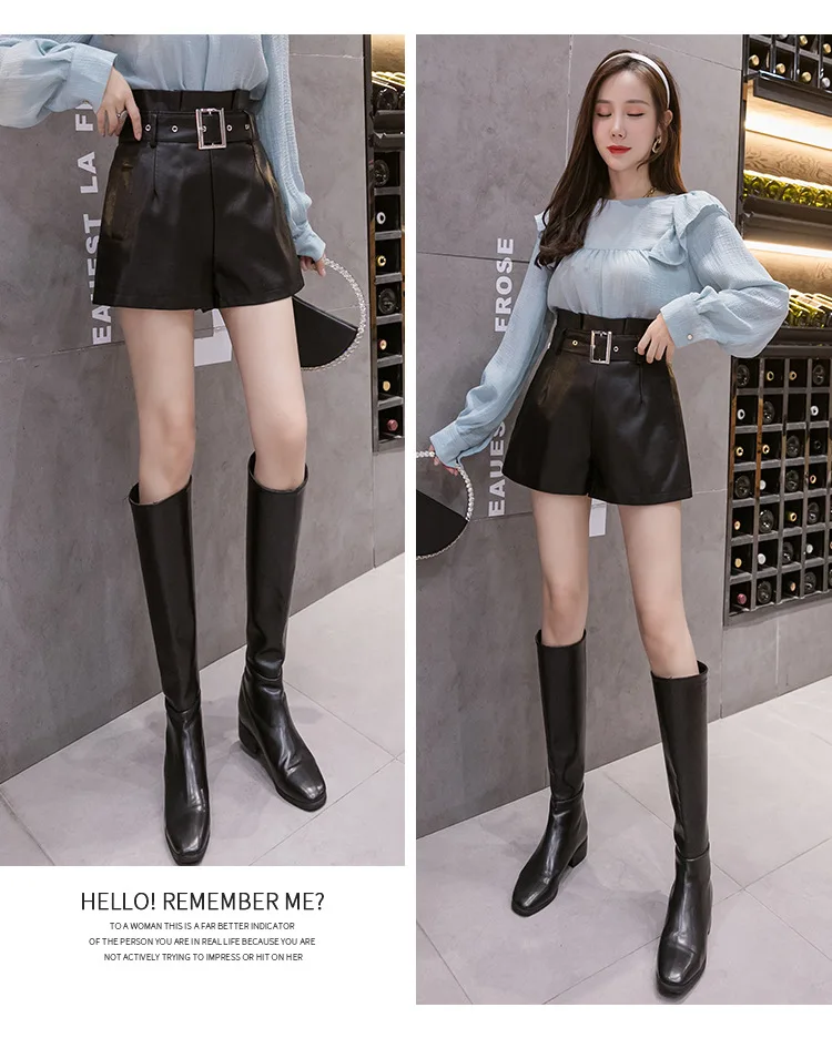 outfits for women 2022 New Autumn Winter Black PU Faux Leather Women's Shorts Sashes High Waist Wide Leg Shorts Elegant Female Trousers MT575 versace jeans couture