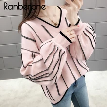 Ranberone Autumn Winter Women Knitted Sweaters Pullovers Loose Wild Fashion V Neck Striped Pullover Patch Pull Femme Lady Top
