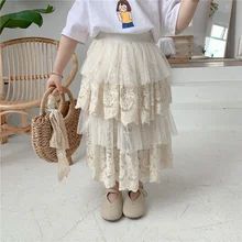 

2021 Spring Summer Girls Embroidery Lace Layered Skirts Little Princess All-match Mesh Skirt