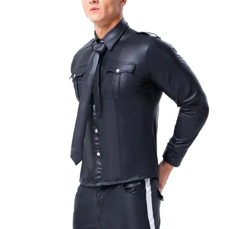 Черная Мужская футболка из искусственной кожи с длинными рукавами, футболки из искусственной кожи, мужские сексуальные топы для фитнеса, футболка для геев, сексуальное платье для вечеринки