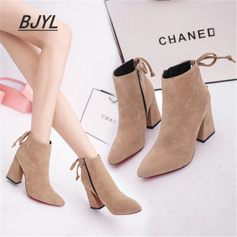 

2019 new booties pointed thick high heel women's boots suede single boots