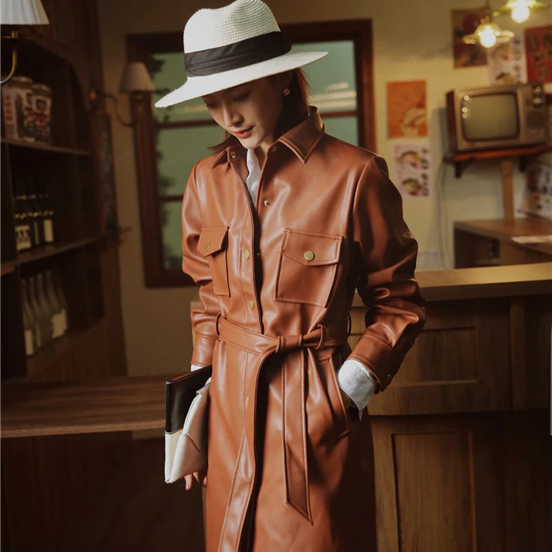 [EAM] Длинная коричневая куртка свободного кроя из искусственной кожи, новинка, Женское пальто с отворотом и длинным рукавом, модное осенне-зимнее 1K830 - Цвет: Red brown