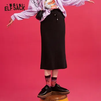 

ELFSACK Black Solid Split Empire Waist Knitted Skirt Women 2019 Winter Pure New Elegant Skinny Office Ladies Daily Skirts
