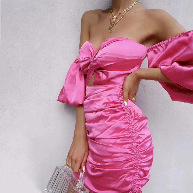 Yesexy сексуальное Клубное женское мини-платье без бретелек с открытыми плечами однотонное платье с открытой спиной Пышное женское платье с коротким рукавом MQ143