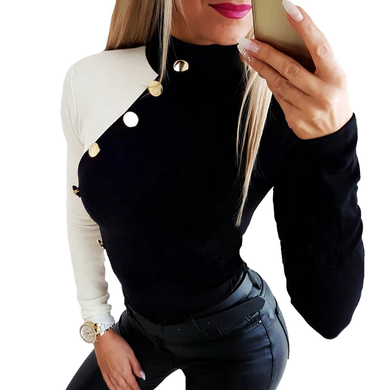 Женская футболка с цветными блоками, комбинированная футболка с высоким воротом, футболка с длинным рукавом, женские туники на пуговицах, тонкие топы,, осенняя элегантная уличная одежда