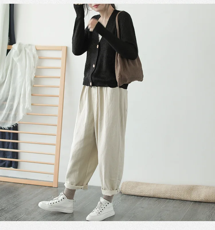 Runback Pantalones Mujer, свободные женские штаны, брюки с высокой талией, Хлопковые Штаны-шаровары, однотонная Повседневная Женская одежда размера плюс, черные штаны