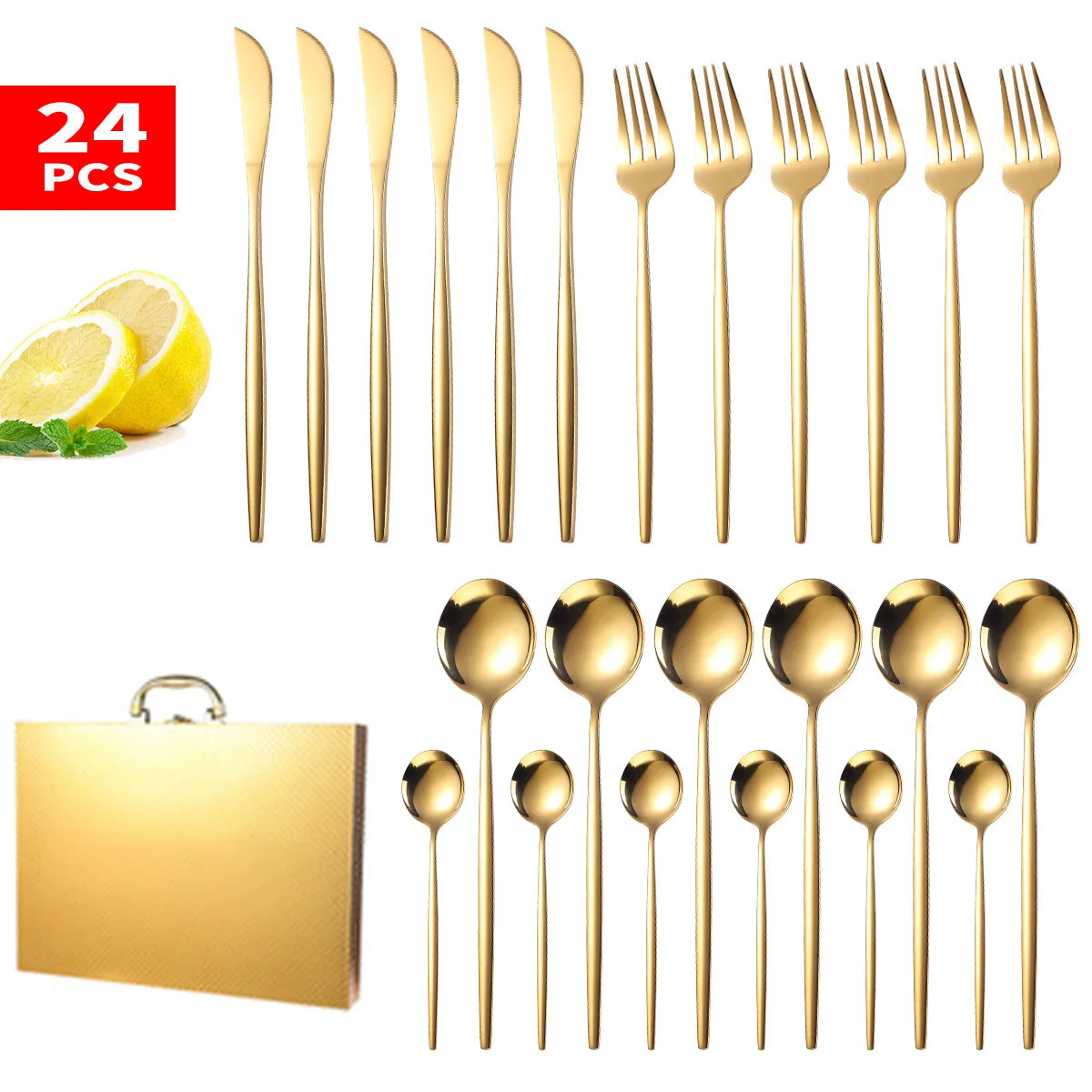 US $26.99 24pcs Stainless Steel Tableware Set Knife Fork Spoon Home Gold Dinnerware Set Flatware Set Dishwasher Safe Cutlery Set Gift Box
