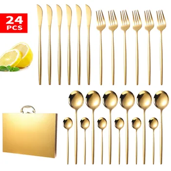 

24pcs Stainless Steel Tableware Set Knife Fork Spoon Home Gold Dinnerware Set Flatware Set Dishwasher Safe Cutlery Set Gift Box