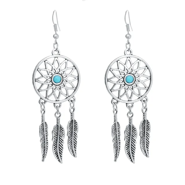 Fancy Hollow Dream Catcher Leaf Feather Shiny Crystals Drop Dangle Earrings For Women Party Jewelry Korean Hanging CZ Earrings Stone Silver